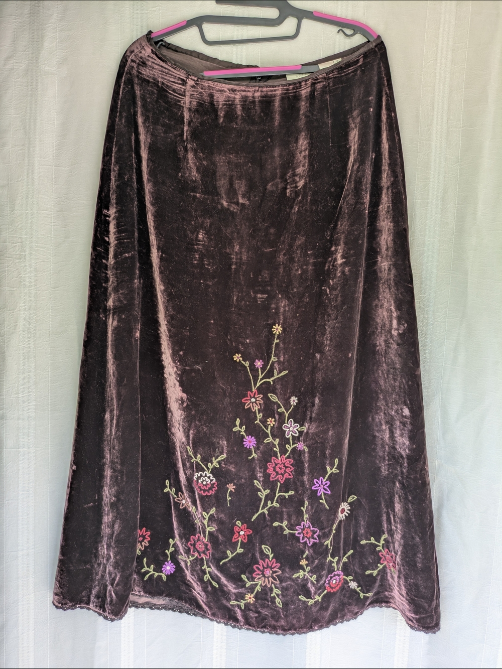 Whimsigoth Silk Blend Velvet Embroidered Floral Maxi Skirt - Plum